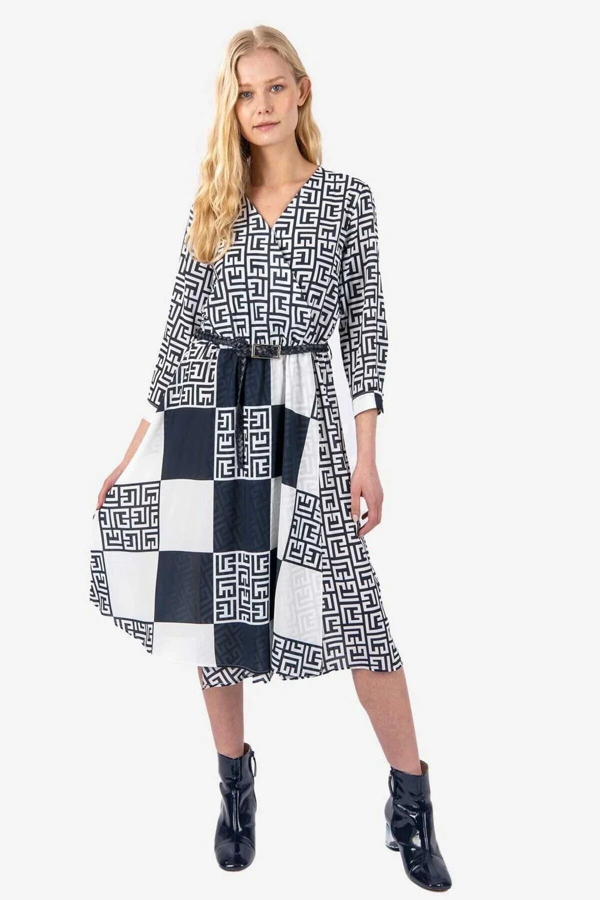 FRN LINE – Navy Printed Midi Dress for Women