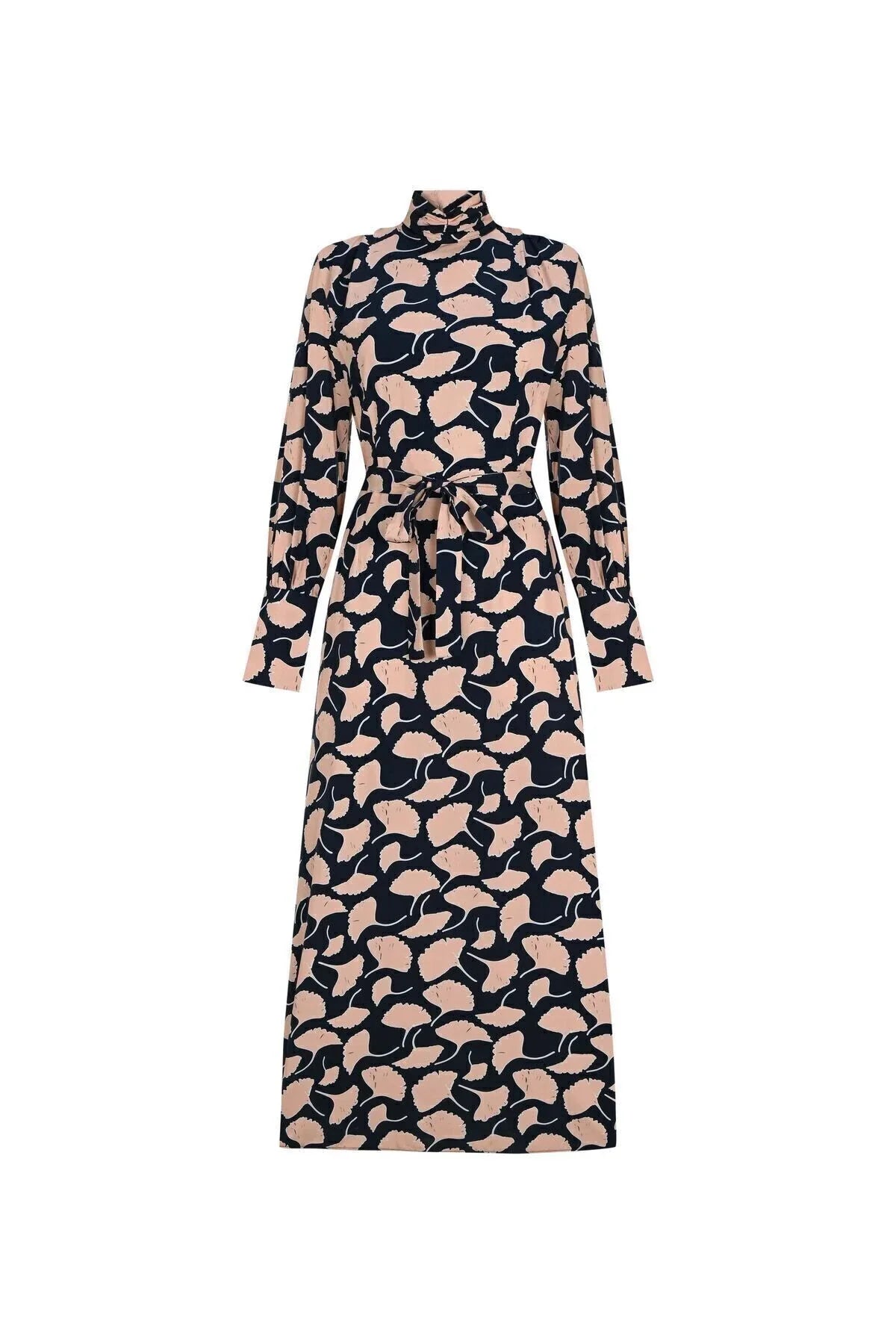 FRN LINE – Cream Printed High-Neck Belted Maxi Dress for Women FRN3118