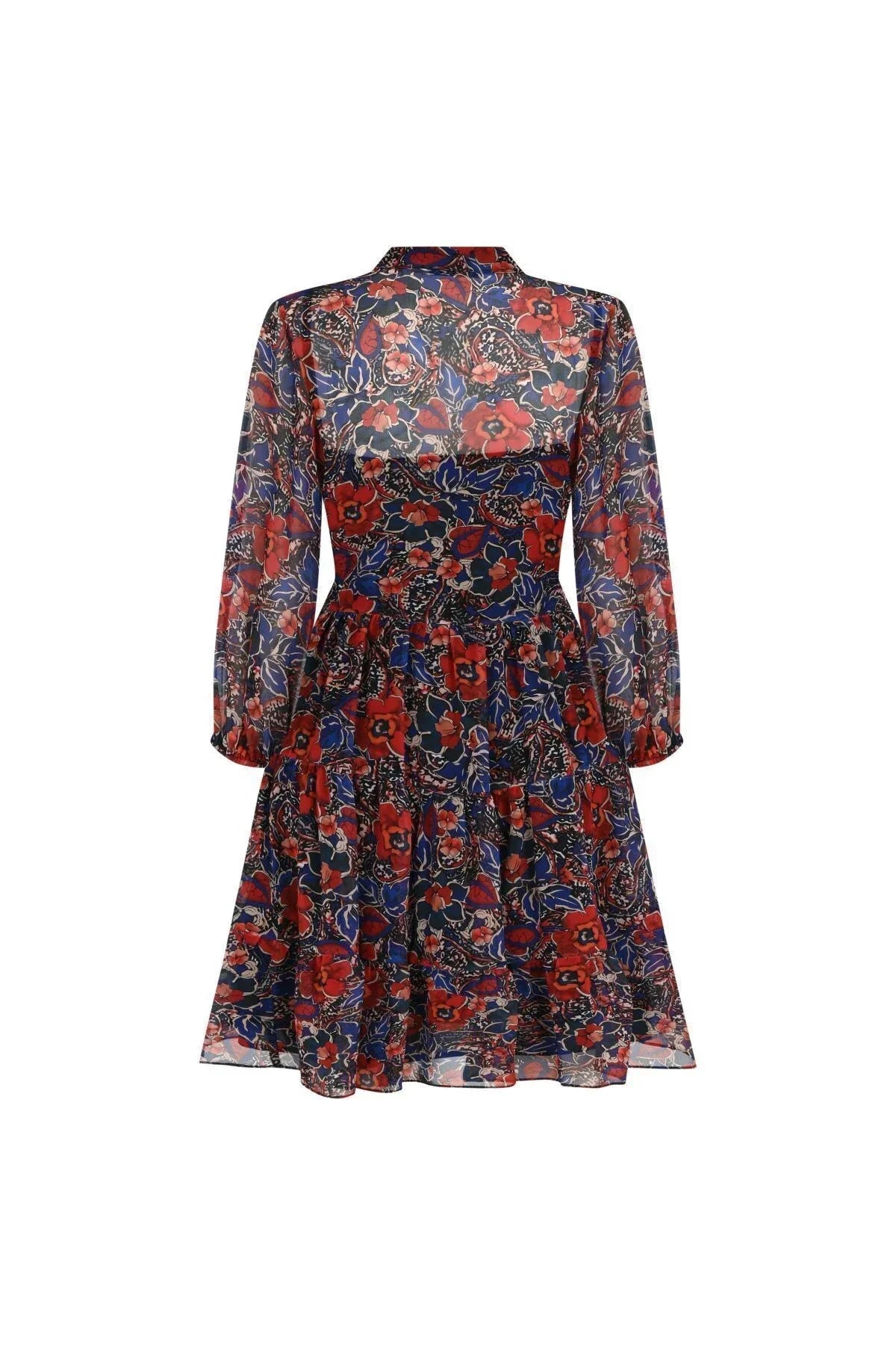 FRN LINE – Red Floral Layered Long Sleeve Chiffon Dress for Women FRN30382
