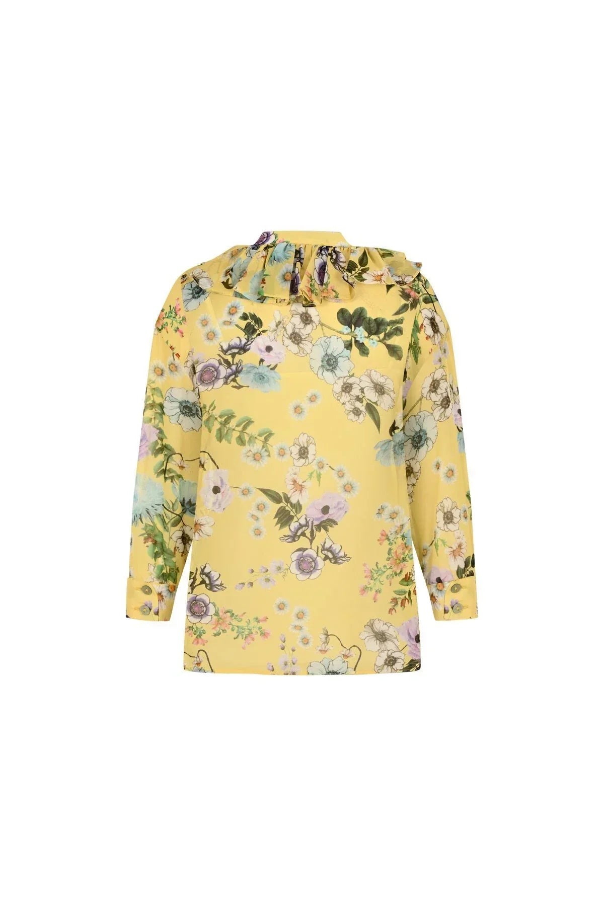 FRN LINE – Yellow Floral Ruffled Neck Chiffon Blouse with Inner Camisole for Women FRN1001