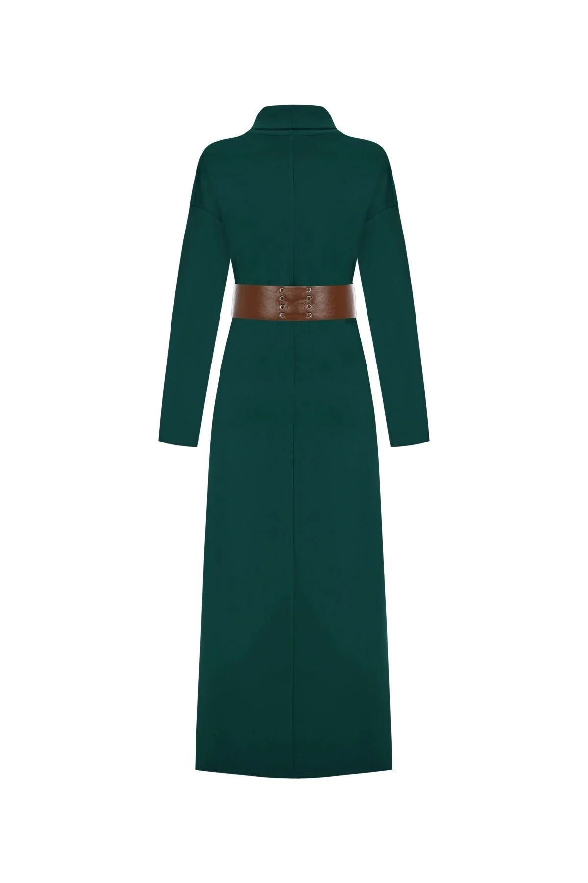 FRN LINE – Green Knit Dress with Wide Belt and Pleated Panel for Women FRN3135