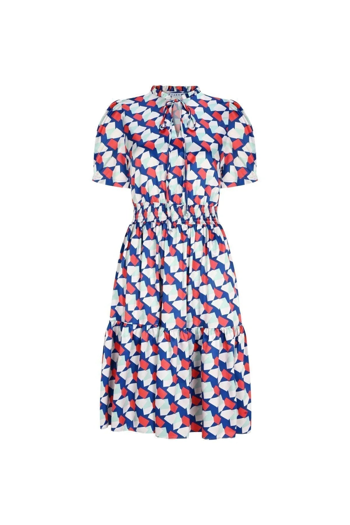 FRN LINE – Blue Geometric Printed Short Sleeve Midi Dress for Women FRN30389