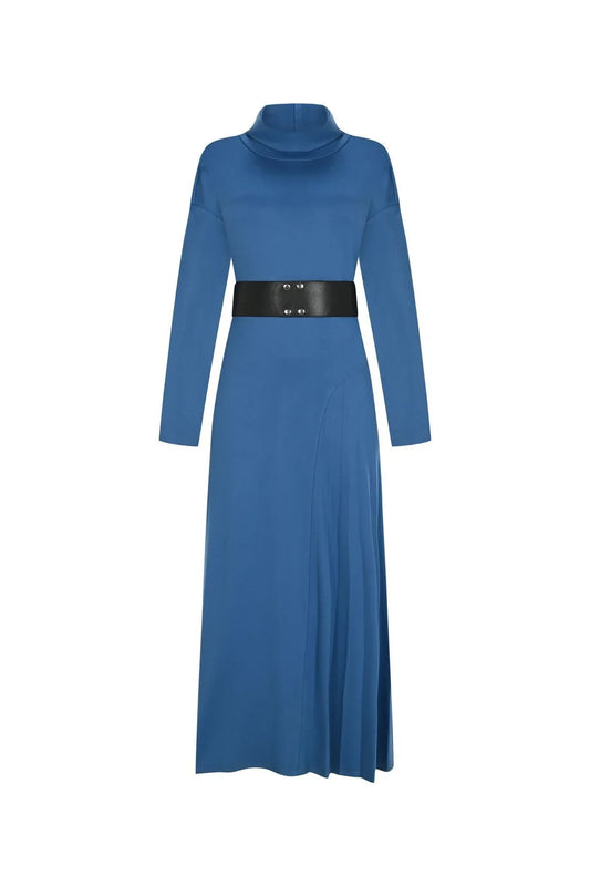 FRN LINE – Blue Knit Dress with Wide Belt and Pleated Panel for Women FRN3135