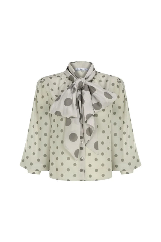 FRN LINE – Beige Tie-Neck Blouse with Pearl Buttons for Women FRN1003