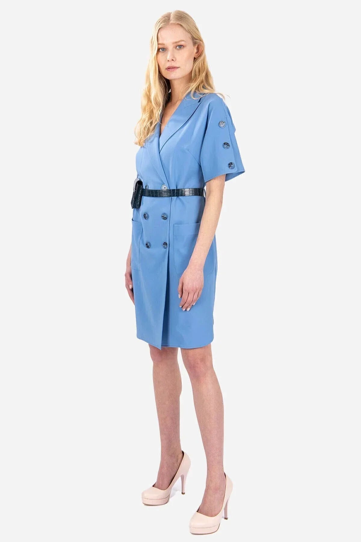 FRN LINE – Blue Double-Breasted Blazer Dress with Pocket Belt for Women FRN3022