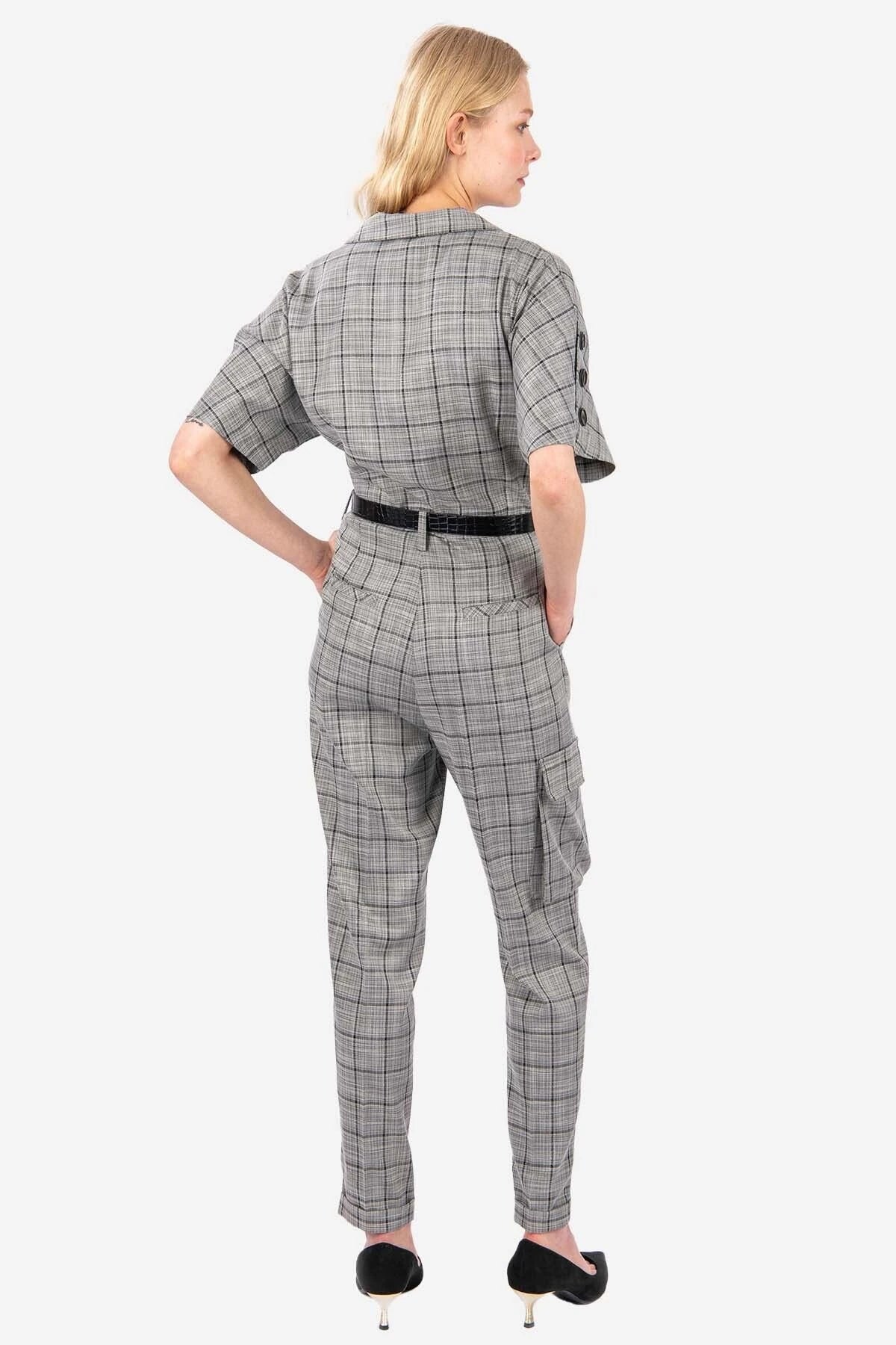 FRN LINE – Grey Checked Short Sleeve Jumpsuit