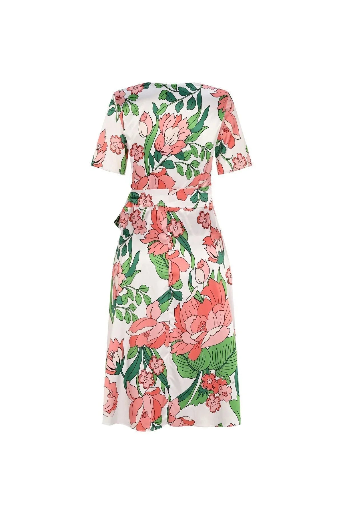 FRN LINE – Pink Bold Floral Print Satin Wrap Dress for Women FRN30383