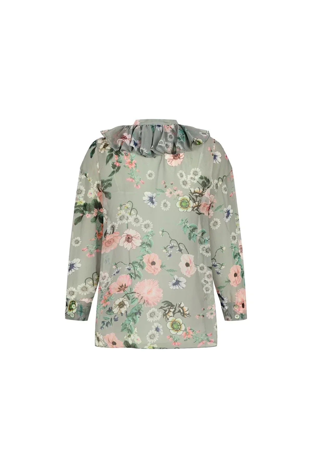 FRN LINE – Grey Floral Patterned Ruffled Neck Chiffon Blouse with Inner Camisole for Women FRN1001