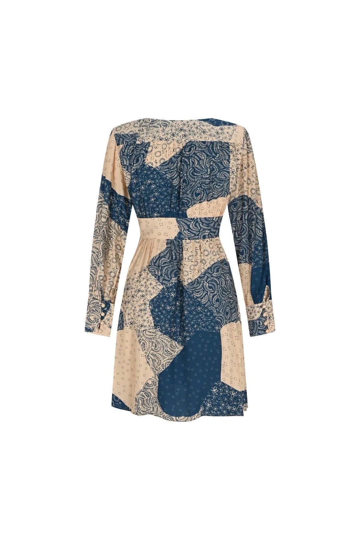 FRN LINE – Cream Patchwork Printed Long Sleeve Mini Dress for Women FRN30385