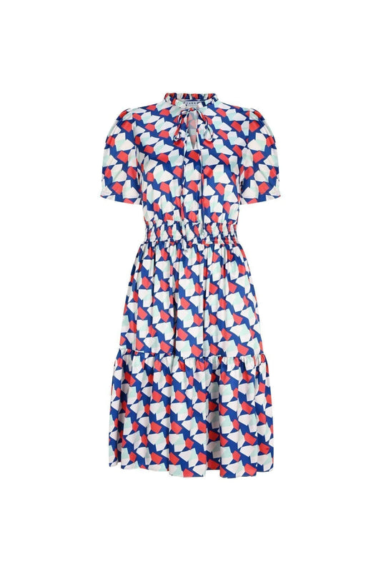 FRN LINE – Blue Geometric Printed Short Sleeve Midi Dress for Women FRN30389