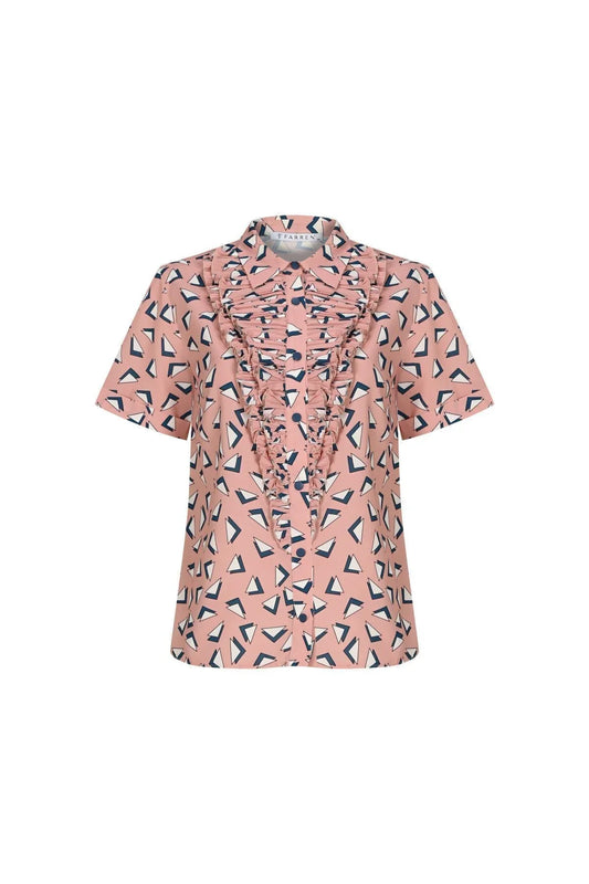 FRN LINE – Pink Short-Sleeve Shirt with Ruffled Front Detail for Women FRN1008