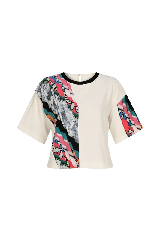 FRN LINE – Black Blouse with Asymmetrical Pleated Patterned Panel for Women FRN1006