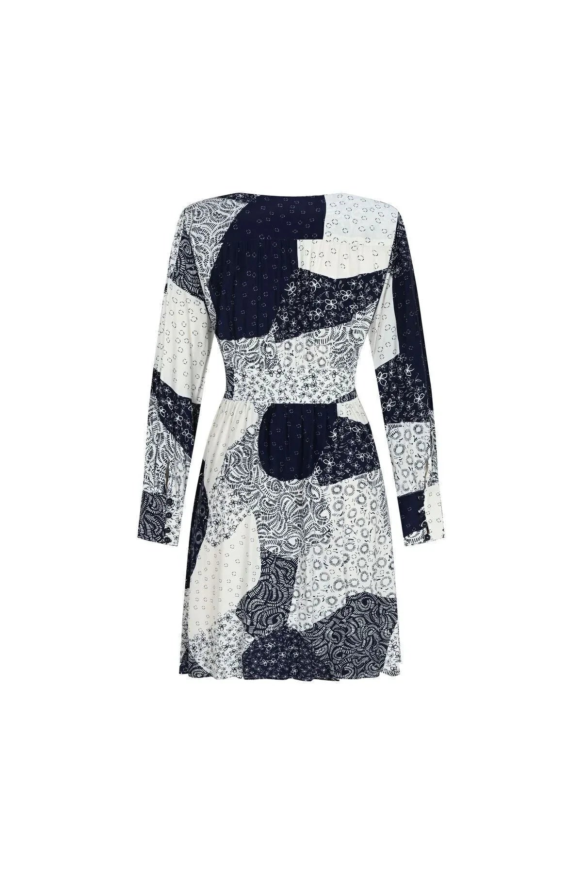 FRN LINE – White Patchwork Printed Long Sleeve Mini Dress for Women FRN30385