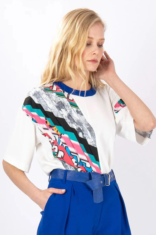 FRN LINE – Navy Blue Blouse with Asymmetrical Pleated Patterned Panel for Women FRN1006