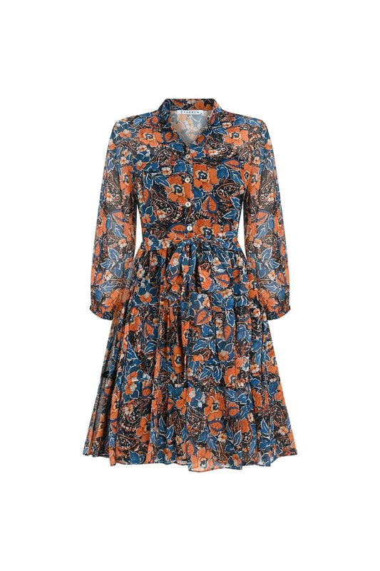 FRN LINE – Orange & Blue Floral Layered Long Sleeve Chiffon Dress for Women FRN30382