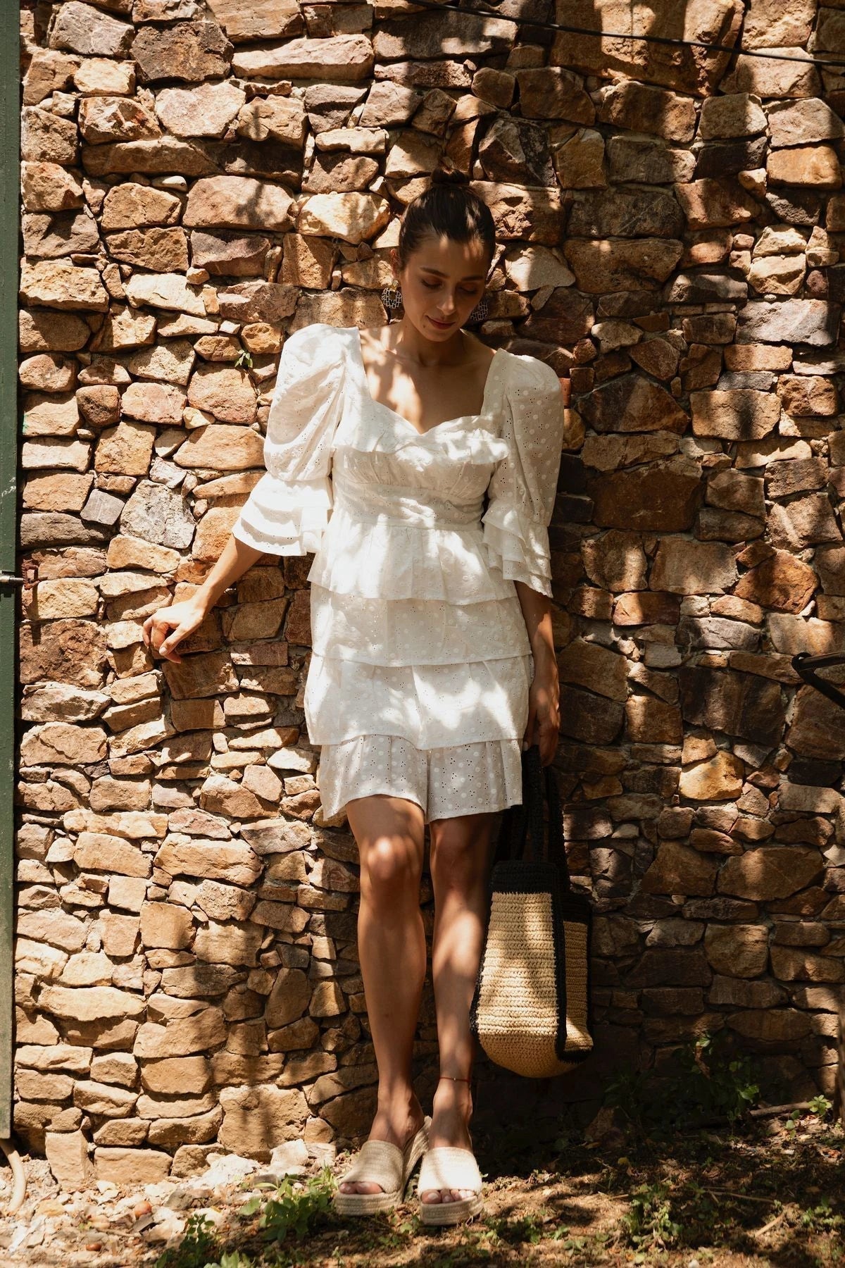 FRN LINE – White Floral Embroidered Layered Mini Dress for Women FRN30391