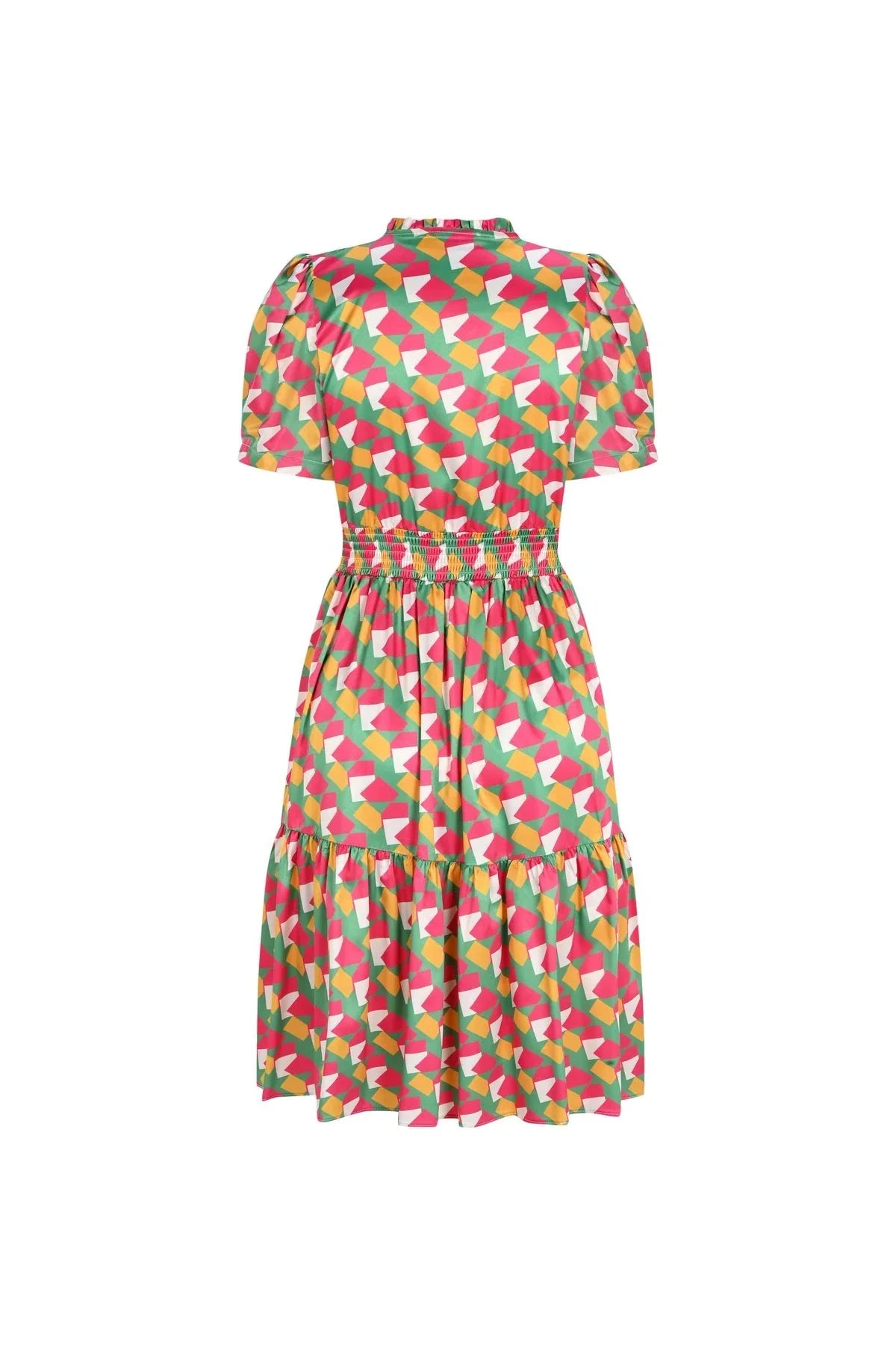 FRN LINE – Multicolor Geometric Printed Short Sleeve Midi Dress for Women FRN30389