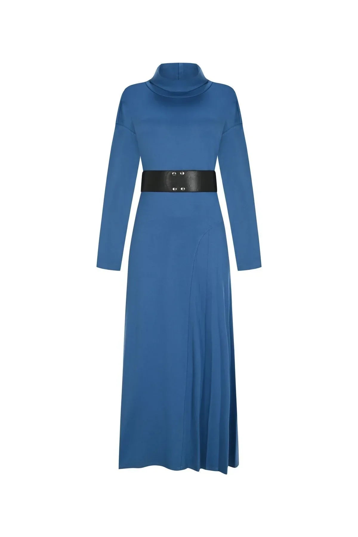 FRN LINE – Blue Knit Dress with Wide Belt and Pleated Panel for Women FRN3135
