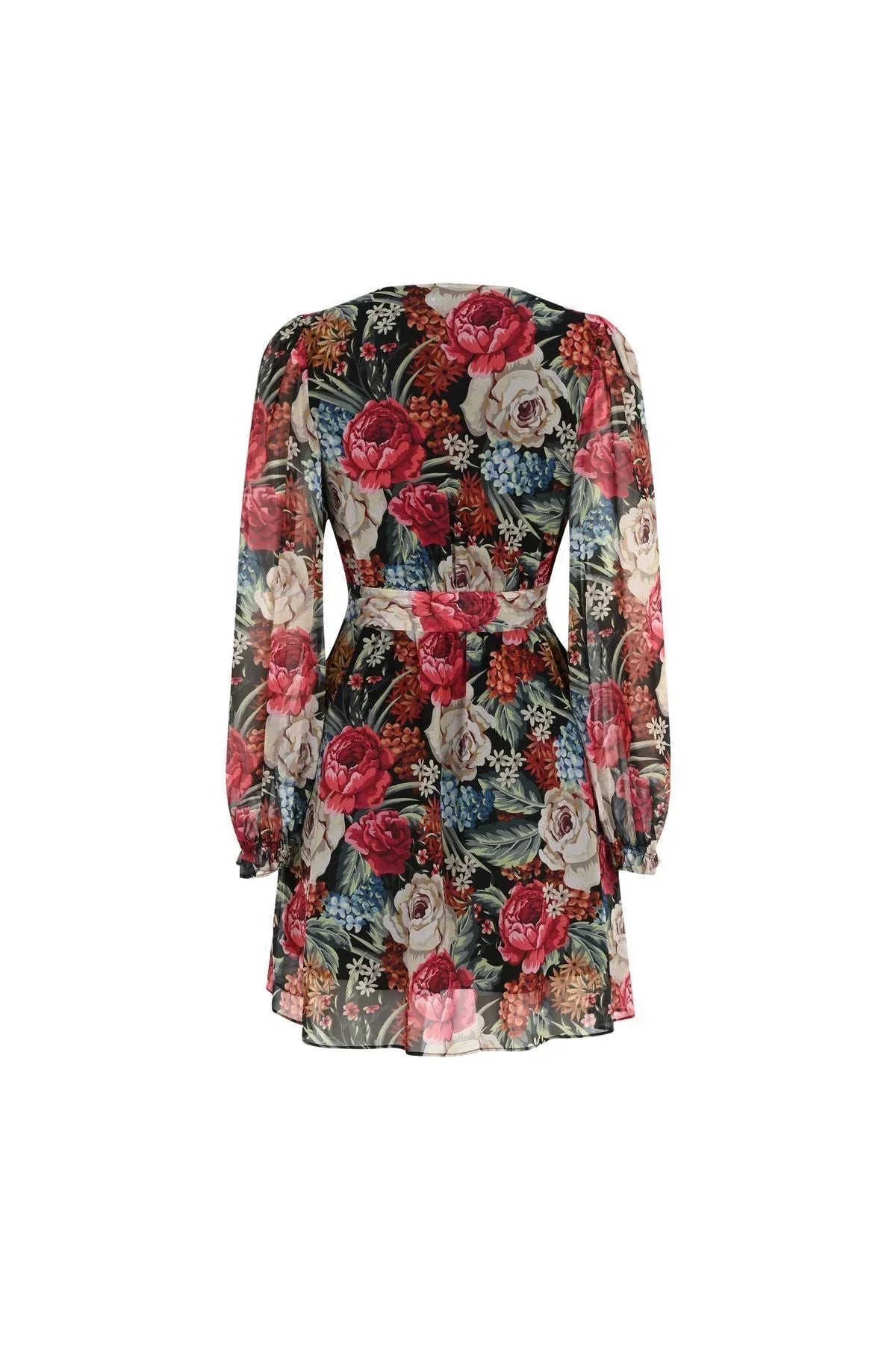 FRN LINE – Black Floral Chiffon Wrap Dress for Women FRN30380