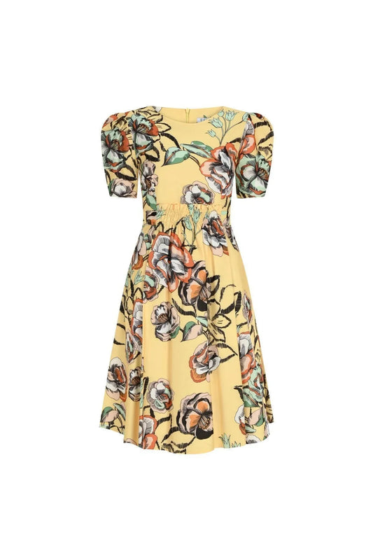 FRN LINE – Yellow Floral Elastic-Waist Dress for Women
