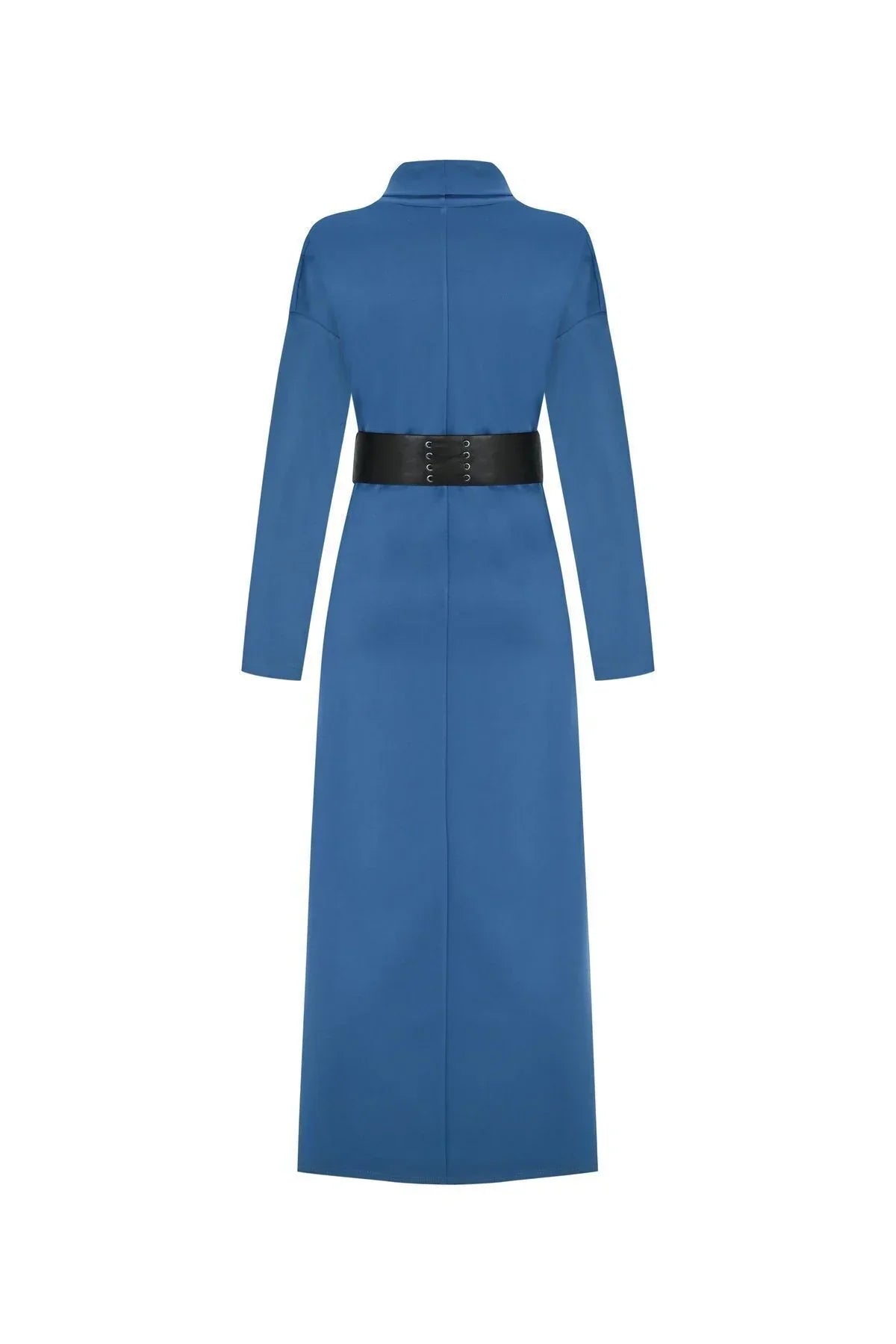 FRN LINE – Blue Knit Dress with Wide Belt and Pleated Panel for Women FRN3135