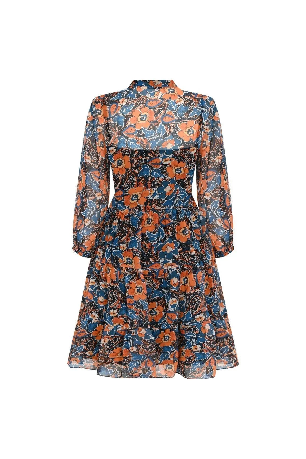 FRN LINE – Orange & Blue Floral Layered Long Sleeve Chiffon Dress for Women FRN30382