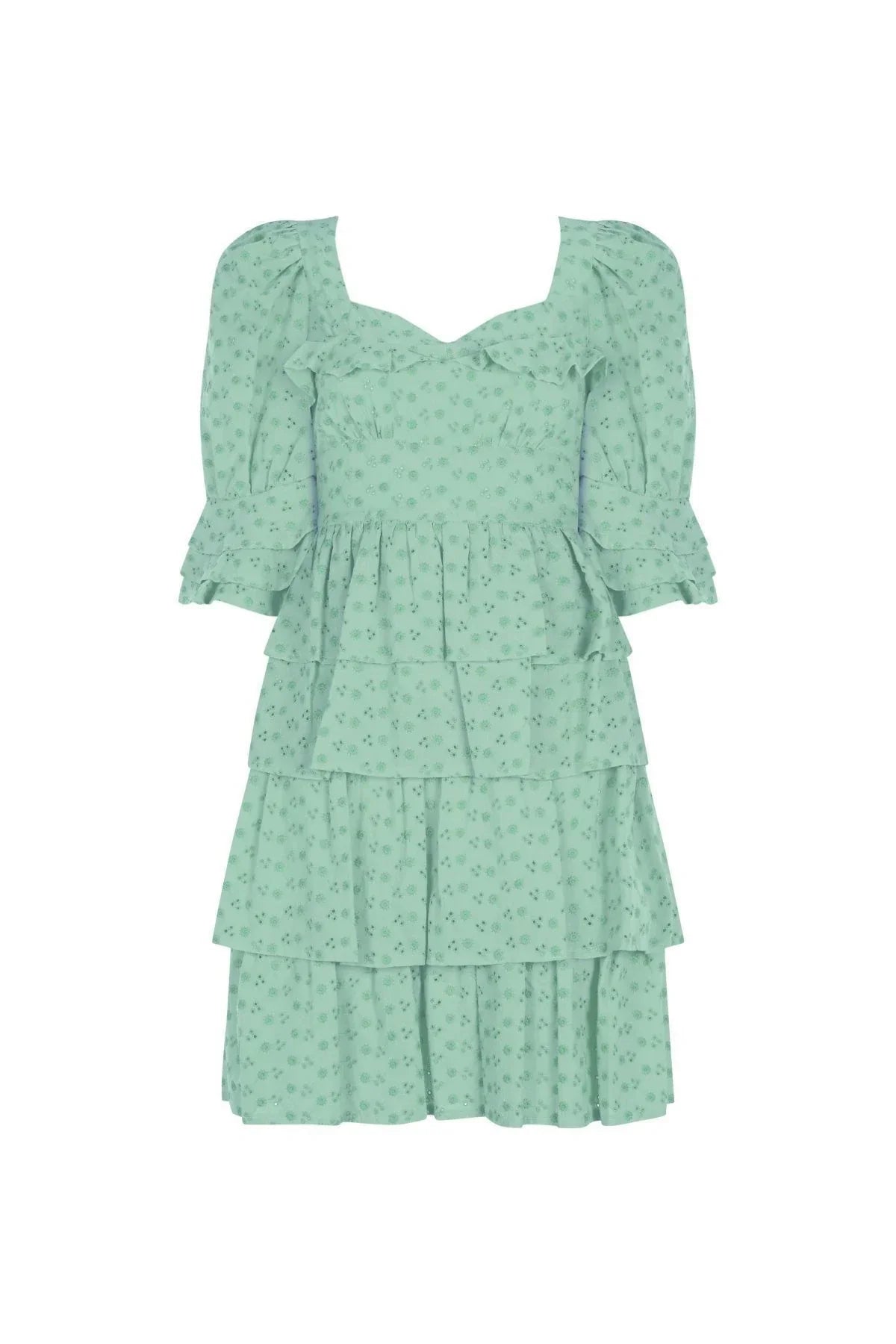 FRN LINE – Green Floral Embroidered Layered Mini Dress for Women FRN30391