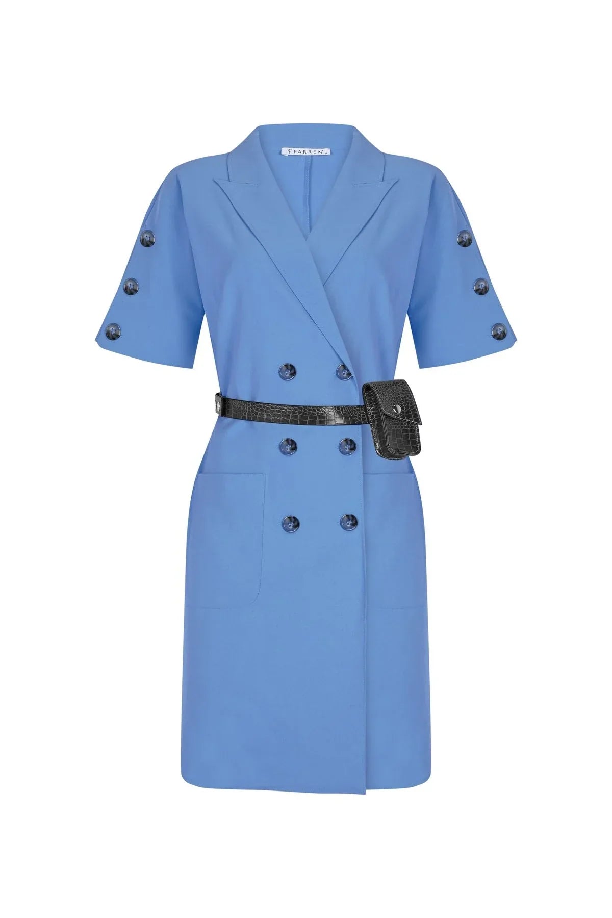FRN LINE – Blue Double-Breasted Blazer Dress with Pocket Belt for Women FRN3022