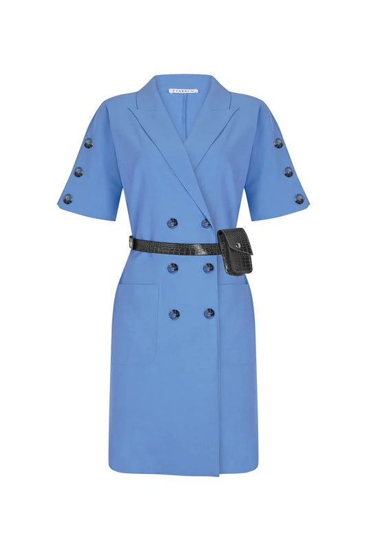 FRN LINE – Blue Double-Breasted Blazer Dress with Pocket Belt for Women FRN3022
