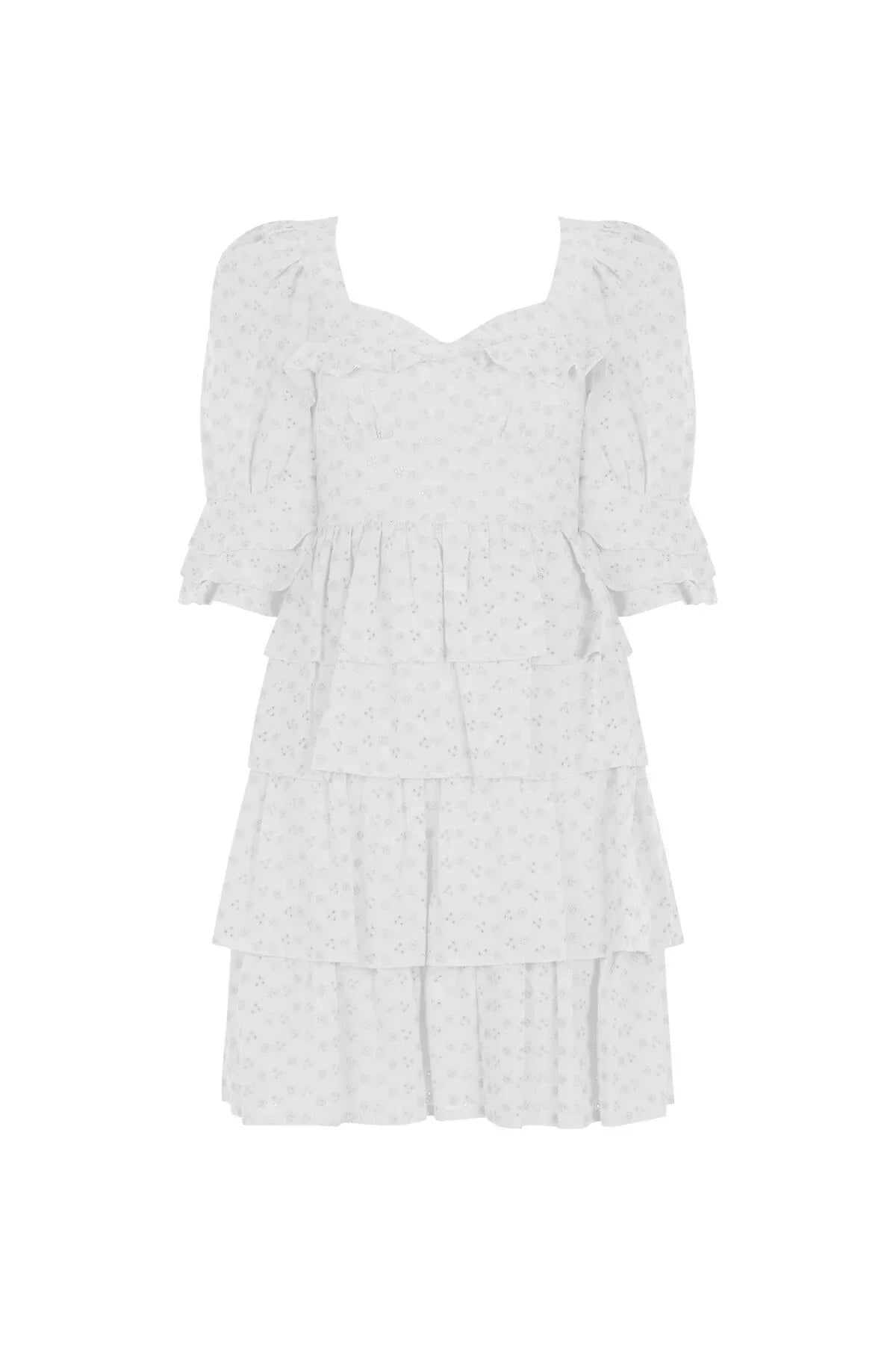 FRN LINE – White Floral Embroidered Layered Mini Dress for Women FRN30391