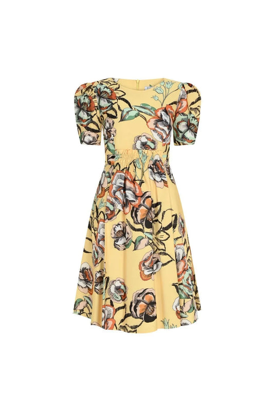 FRN LINE – Yellow Floral Elastic-Waist Dress for Women