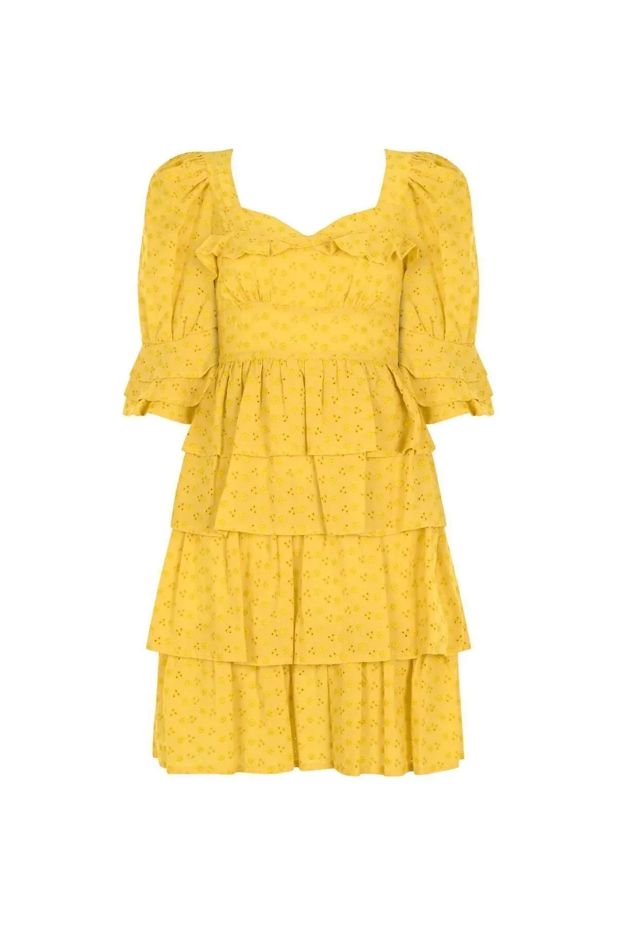 FRN LINE – Yellow Floral Embroidered Layered Mini Dress for Women FRN30391