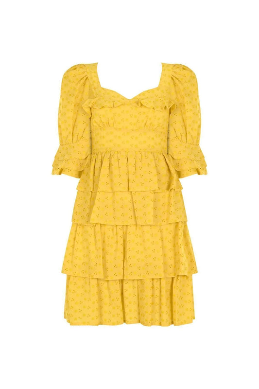 FRN LINE – Yellow Floral Embroidered Layered Mini Dress for Women FRN30391