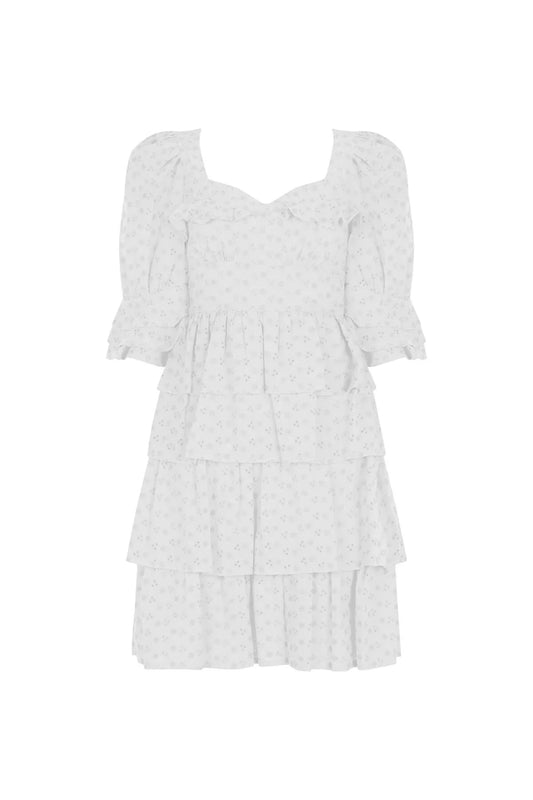 FRN LINE – White Floral Embroidered Layered Mini Dress for Women FRN30391