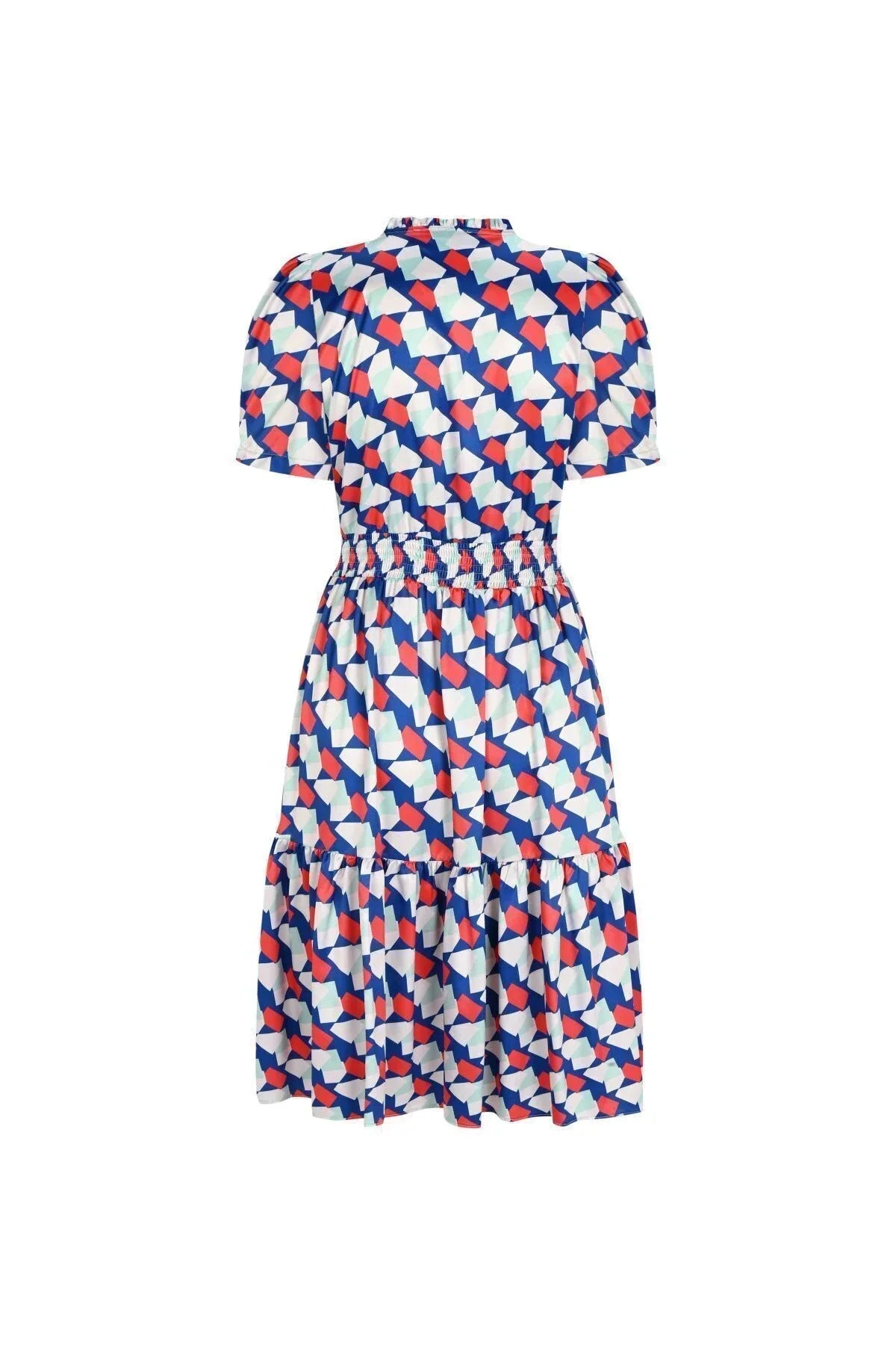 FRN LINE – Blue Geometric Printed Short Sleeve Midi Dress for Women FRN30389