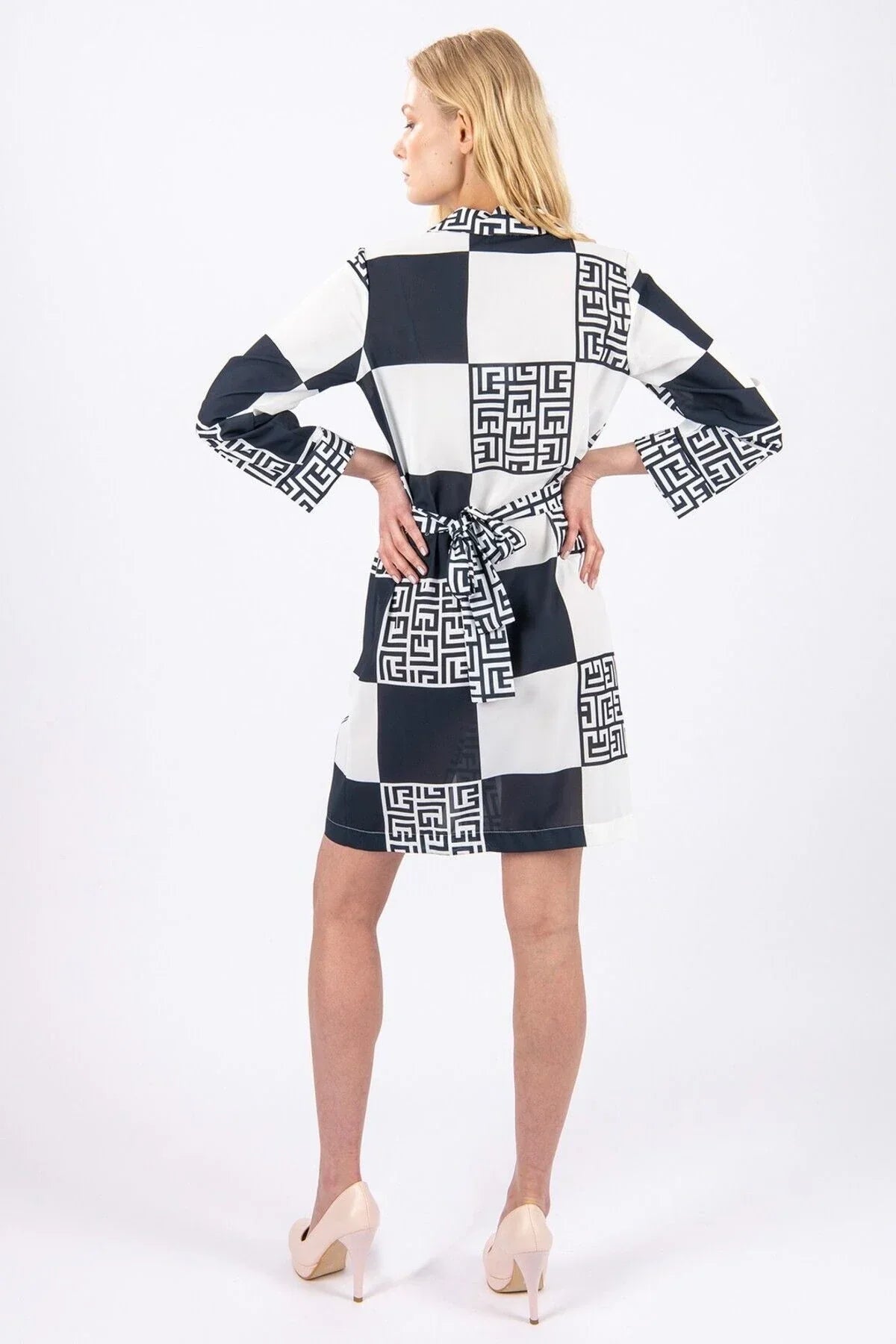 FRN LINE – Navy Printed Blazer-Collar Mini Dress for Women