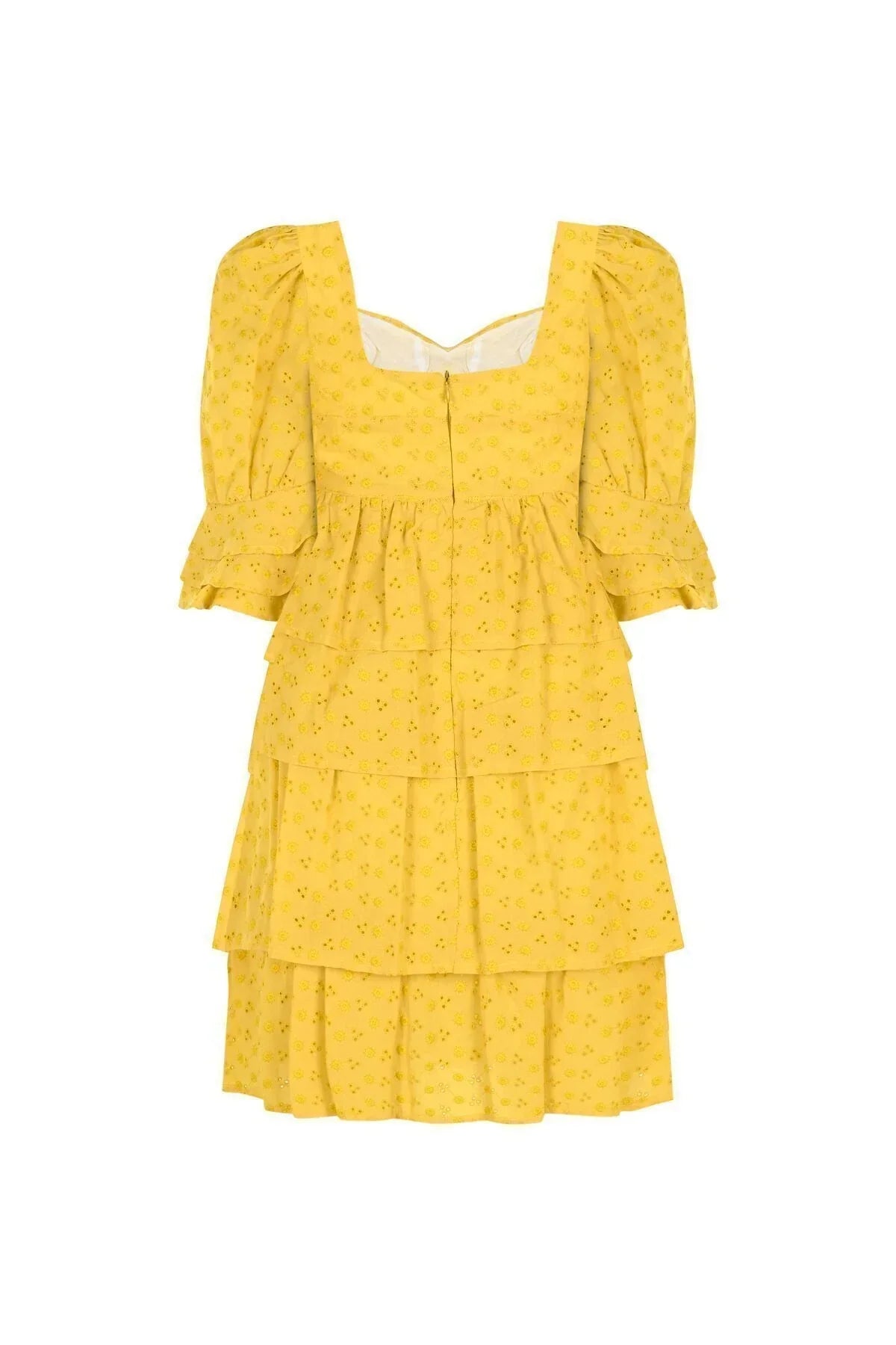 FRN LINE – Yellow Floral Embroidered Layered Mini Dress for Women FRN30391