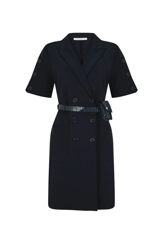 FRN LINE – Navy Blue Double-Breasted Blazer Dress with Pocket Belt for Women FRN3022